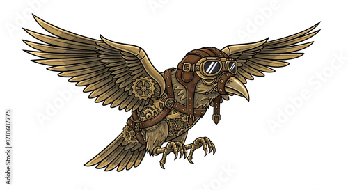 Steampunk bird takes flight with goggles and gears, a fantasy creature with mechanical details for imaginative designs and unique creative projects