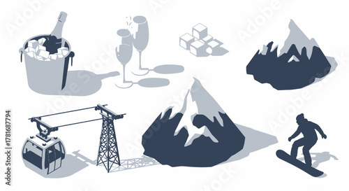 Winter Vacation Icons Set Snowboarding, Mountains, Champagne, and Relaxation