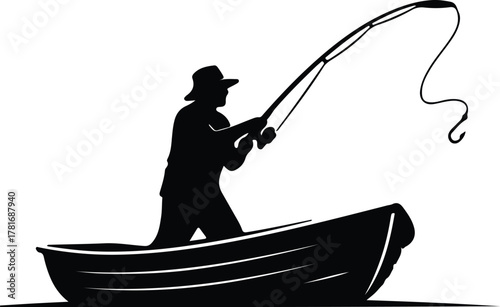 Illustrator silhouette of fisherman casting line from boat Silhouette vector