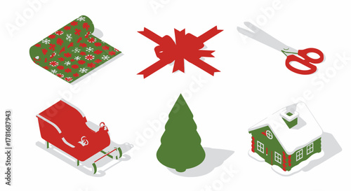 Festive Holiday Elements Gift Wrap, Bow, Scissors, Sleigh, Tree, and House