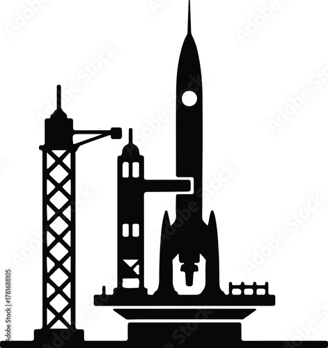 Illustrator Space rocket launching pad construction site Silhouette vector