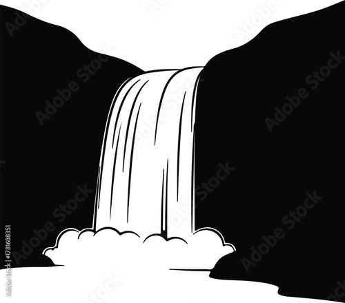 Illustrator waterfall cascading mountain landscape in black and white Silhouette vector