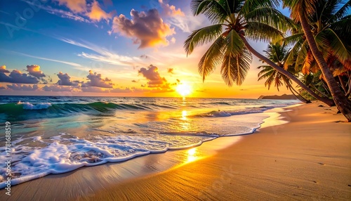 Fototapeta Naklejka Na Ścianę i Meble -  A vibrant sunset over a tranquil ocean scene. The golden light reflects on the water and the sandy beach with palm trees in view