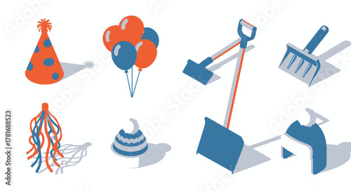 Festive Objects Hat, Balloons, Streamers, Snow Shovels - Isometric View