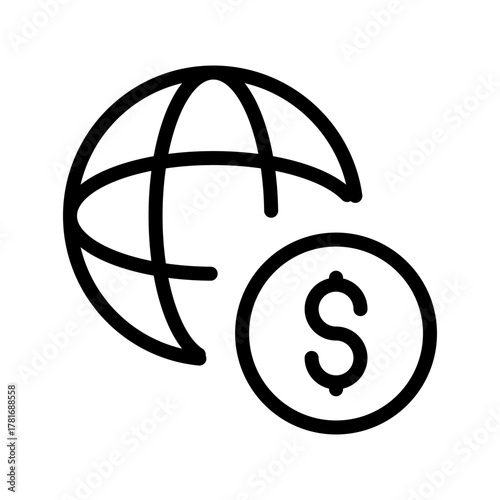 Global Finance icon set representing worldwide economy, international money movement, currency exchange, and global business in a modern minimal line style