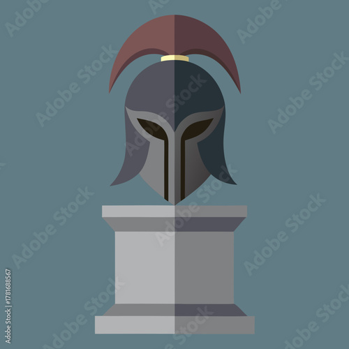 Stylized ancient greek warrior helmet on a pedestal in flat design