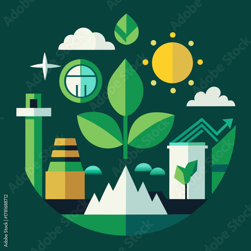 Sustainable growth and green energy concepts illustrated in a circular design