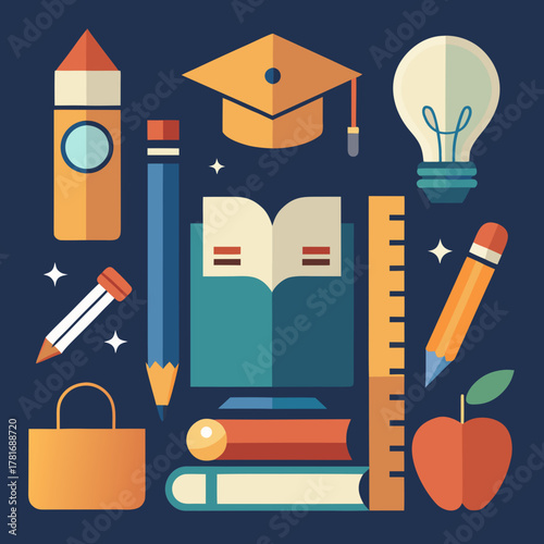 Colorful flat design illustration of school supplies and educational icons on a dark background