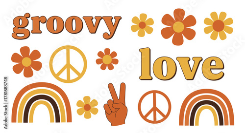 Retro 70s vector element set. Groovy typography, flowers, and peace signs. Vintage illustration pack.