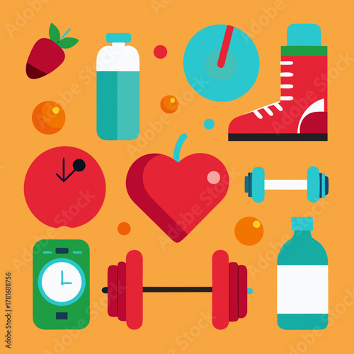 Healthy lifestyle icons featuring fitness equipment nutrition and time management