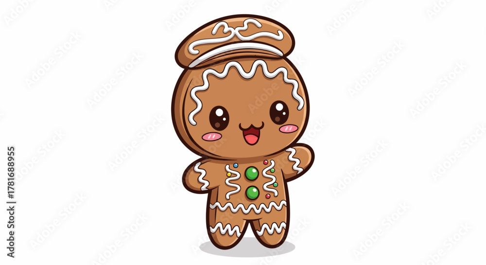 Obraz premium Charming kawaii gingerbread man with festive icing and candy decorations, perfect for holiday designs and sweet celebrations.
