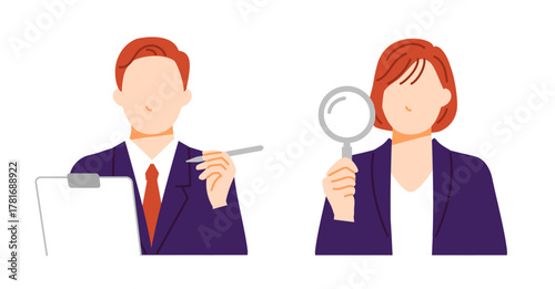 資料とペンを持つスーツの男性と虫眼鏡を持つスーツの女性のビジネスパーソンのイラスト