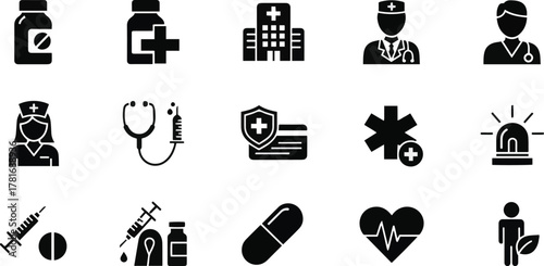 Health Icon Set: A collection of health icons representing medicine, the hospital, doctor, nurse, healthcare and medical services, including pills, a stethoscope, and an ambulance