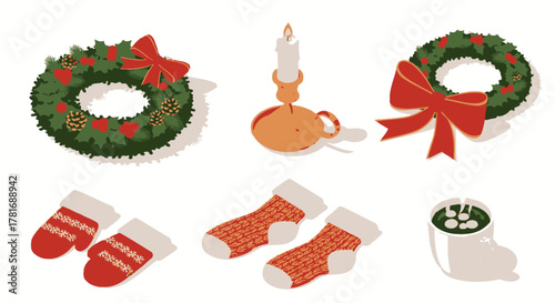 Christmas Festive Decorations Wreaths, Socks, and Candle Still Life Scene