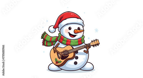 Joyful snowman in Santa hat and scarf plays guitar, spreading holiday cheer with festive music and winter magic