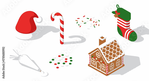 Christmas treats arrangement gingerbread house, Santa hat, stocking, candy cane