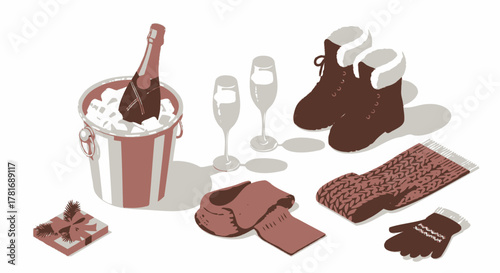 Winter Holiday Essentials Champagne, Warm Boots, and Cozy Accessories Flat Lay