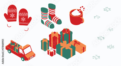 Winter Holiday Gifts, Mittens, Socks, and Treats Festive Icons for Seasonal Joy