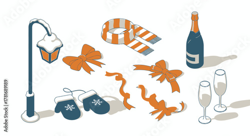 Winter Holiday Joy Lamp, Mitten, Scarf, Ribbons, Champagne, and Flutes