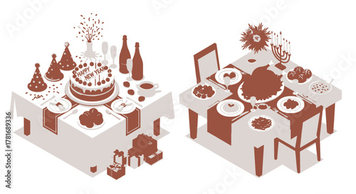 Festive Gatherings Isometric Views of Tables Set for Celebrations & Meals