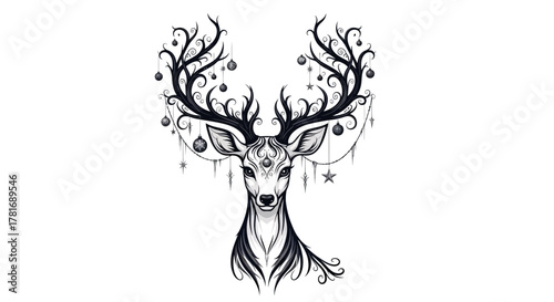 Enchanting ornate deer with intricate swirling antlers adorned with delicate ornaments and sparkling stars creating a magical winter wonderland