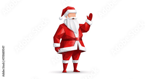 Joyful low poly Santa Claus waving hello, spreading holiday cheer with a friendly gesture for festive promotions and winter campaigns