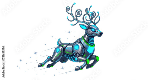 Futuristic cybernetic reindeer leaps with glowing neon accents and swirling antlers against a clean white background, evoking innovation and fantasy
