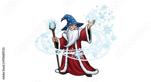 Enchanting wizard conjures magical winter snowflakes with his glowing staff and festive red robe, perfect for holiday themes.