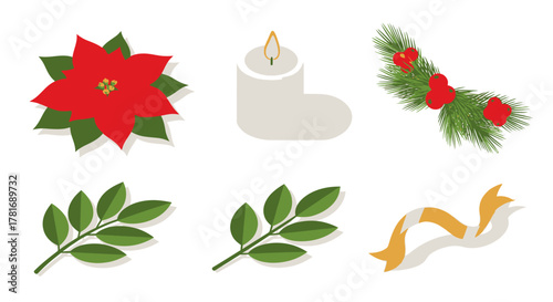 Christmas Festive Elements Poinsettia, Candle, Greenery for Holiday Decoration