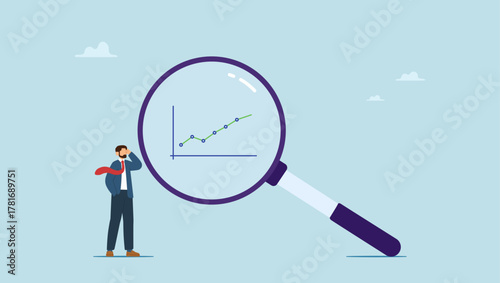 Vector illustration of a businessman watching analyze graph and chart through magnifying glass. Business analysis, calculate or research for market growth, financial report, investment data concept.