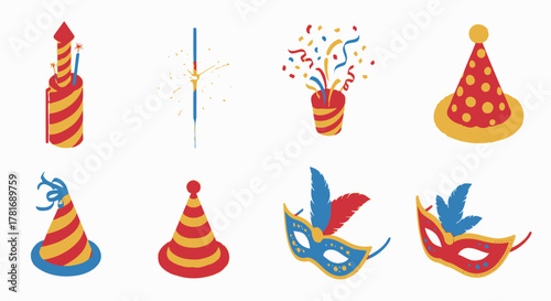 Celebration Party Icons Fireworks, Party Favors, and Festive Masquerade Masks