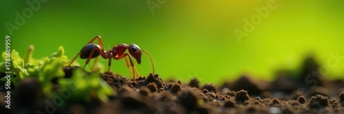 Ant crawling from earth, soft focus on greenery, outside, image, soft