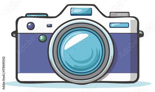 Vibrant cartoon style camera illustration featuring a striking blue lens and purple casing