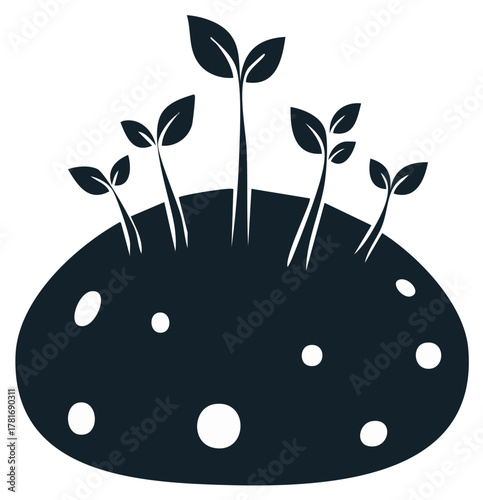 Simple black silhouette icon of new plant sprouts growing from a potato tuber