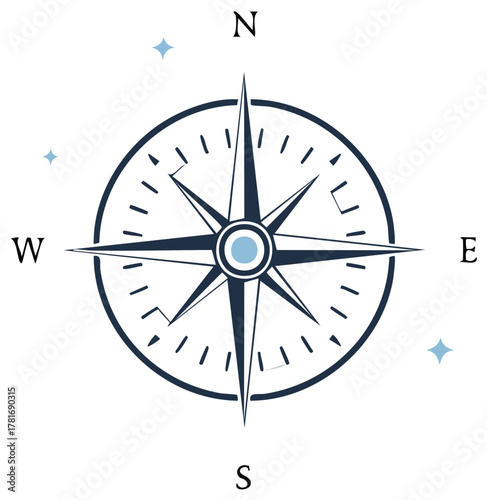 Elegant compass rose illustration with cardinal directions North South East West for travel guidance and exploration