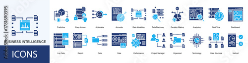 Business Intelligence icon collection set. Containing Predictive, Easy Access, Actionable, Accurate, Data Modelling icon