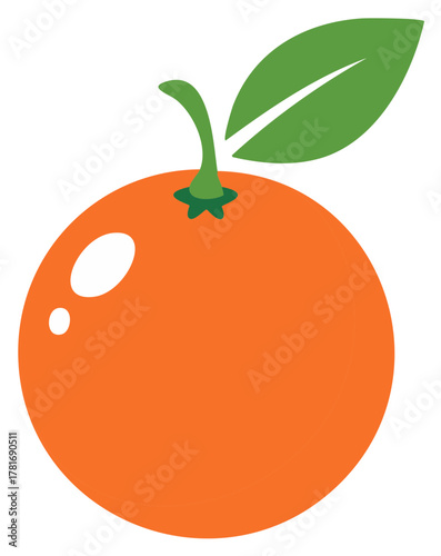 Fresh juicy orange fruit with vibrant green leaf and stem design element