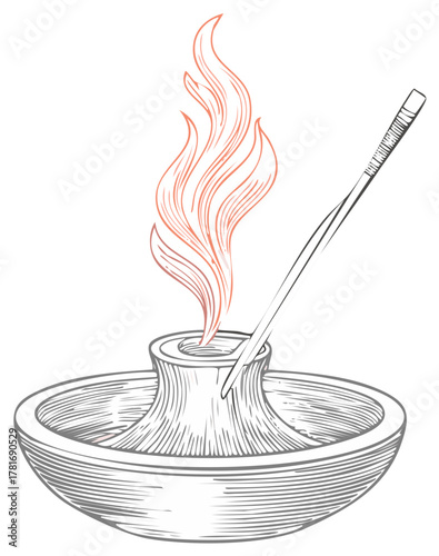 Decorative incense burner illustration with burning flame and tool, traditional design