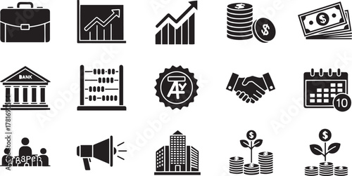 Financial icons collection: A collection of financial icons, including currency, investment, bank, business, and finance, perfect for illustrating financial concepts and business strategies.