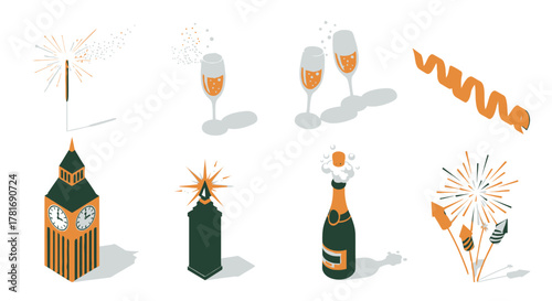 Festive New Years Eve Isometric Icon Set Featuring Celebratory Elements