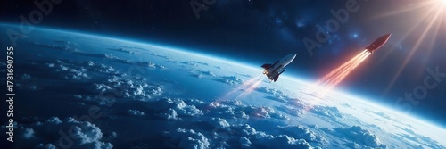 Earth's majestic blue, rocket soaring past planets, stellar background , spaceship, stellar, cosmic