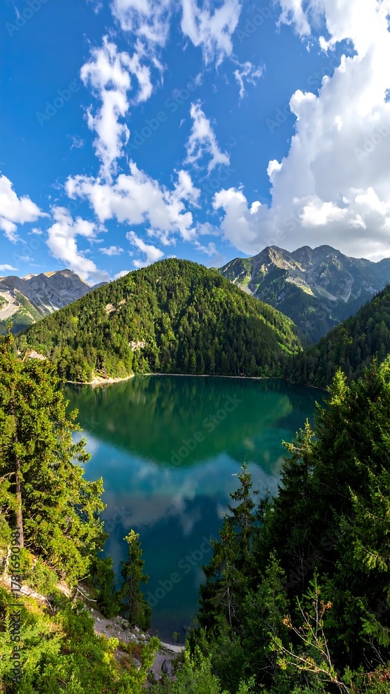 Fototapeta premium Serene vertical view showcasing a stunning turquoise lake cradled by lush, green forested hills. Bright blue sky with scattered clouds above