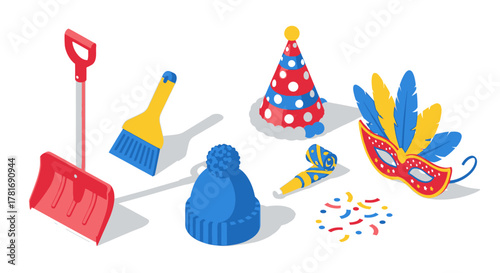 Isometric Winter Carnival Gear for Holiday Celebration and Seasonal Preparation