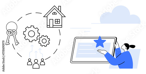 Keys, house, gears, and users represent real estate processes. Tablet with star signifies user engagement. Ideal for property management, housing technology, buying, renting workflow teamwork