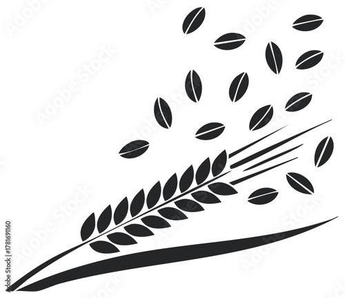 Stylized wheat ear with scattered seeds illustration in black and white, design element for bakery products