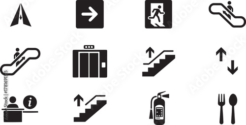Directional Icons: A collection of concise, universal symbols guiding individuals toward essential services and routes, emphasizing straightforward navigation.