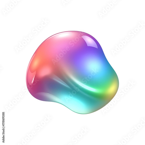 A vibrant iridescent blob with a rainbow holographic gradient finish, isolated on a white background, representing fluid abstract art