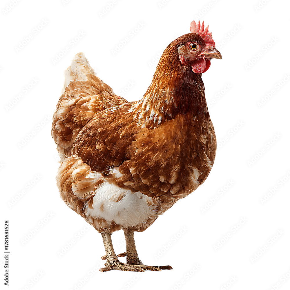 Fototapeta premium Brown hen standing isolated on transparent background in a studio shot setting