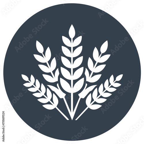 Stylized illustration of white wheat stalks inside a dark blue circle representing agriculture and food production