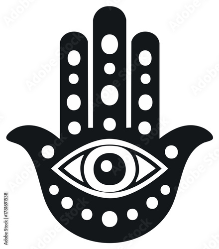 Stylized Hamsa hand symbol with an eye motif in a black and white cultural design